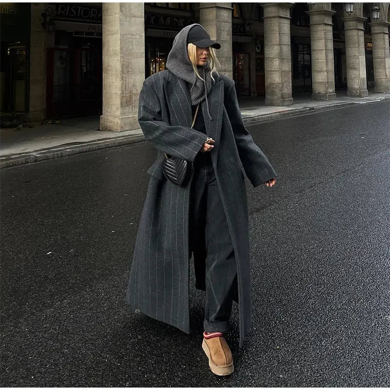 Lapel Striped Oversize Full Sleeve Long Coat