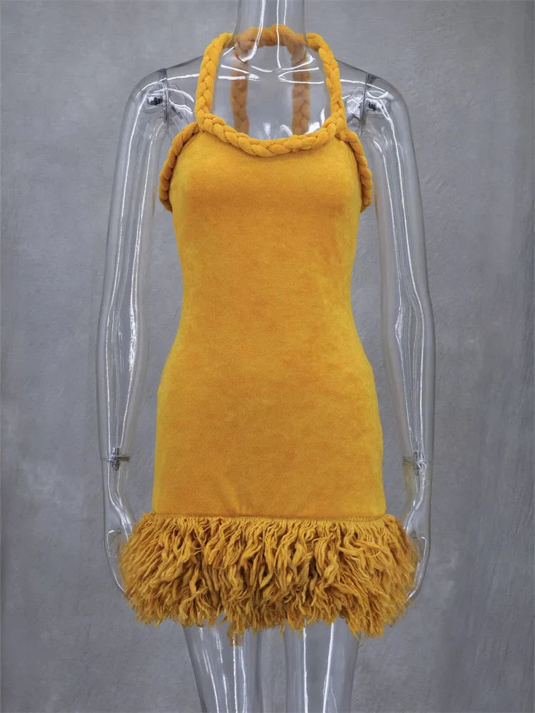 Fluff Patchwork Halter Mini Dress
