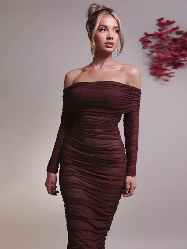 Off-shoulder Slash Neck Solid Maxi Dress