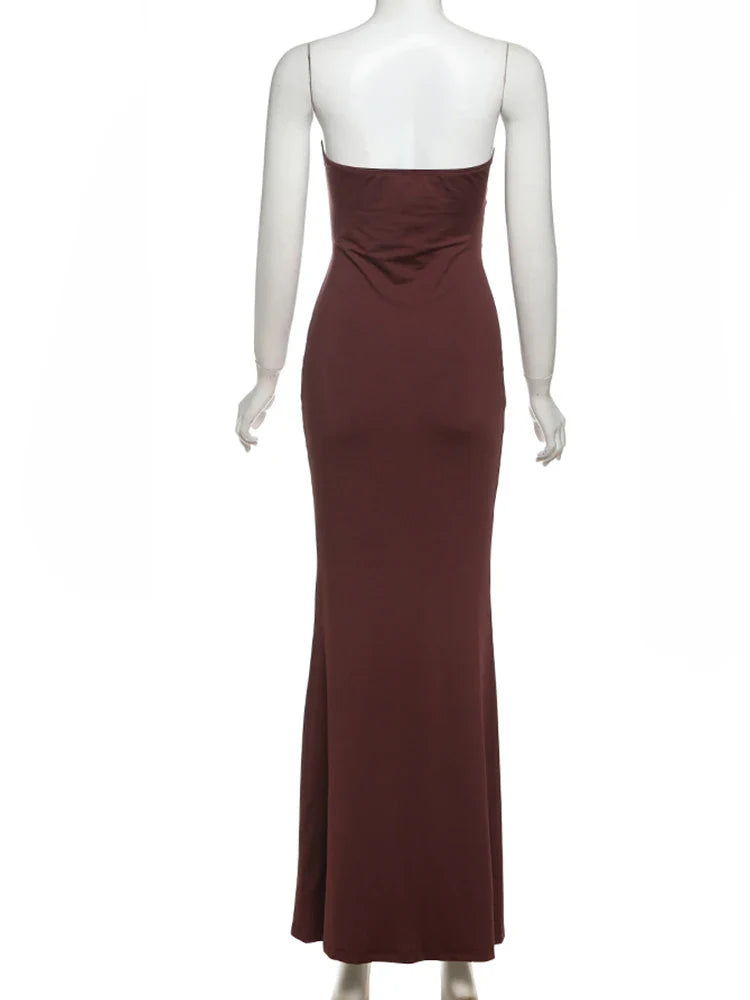 Brown Tube Cut Out Drape Midi Dress