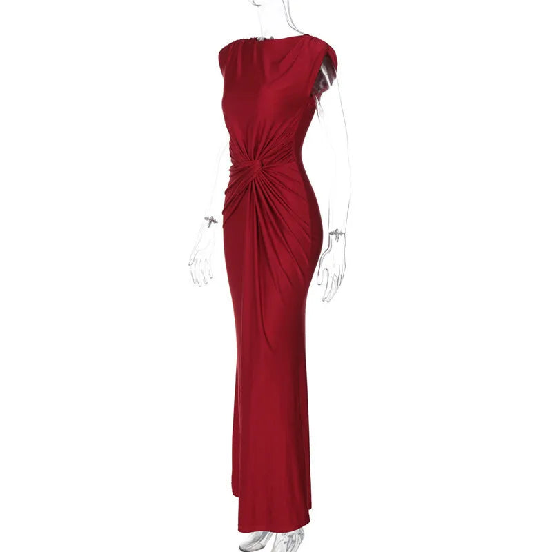 Solid Boat Neck Twist Knot Long Dress