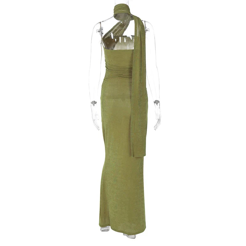 Halter Green Off-shoulder Backless Long Dress
