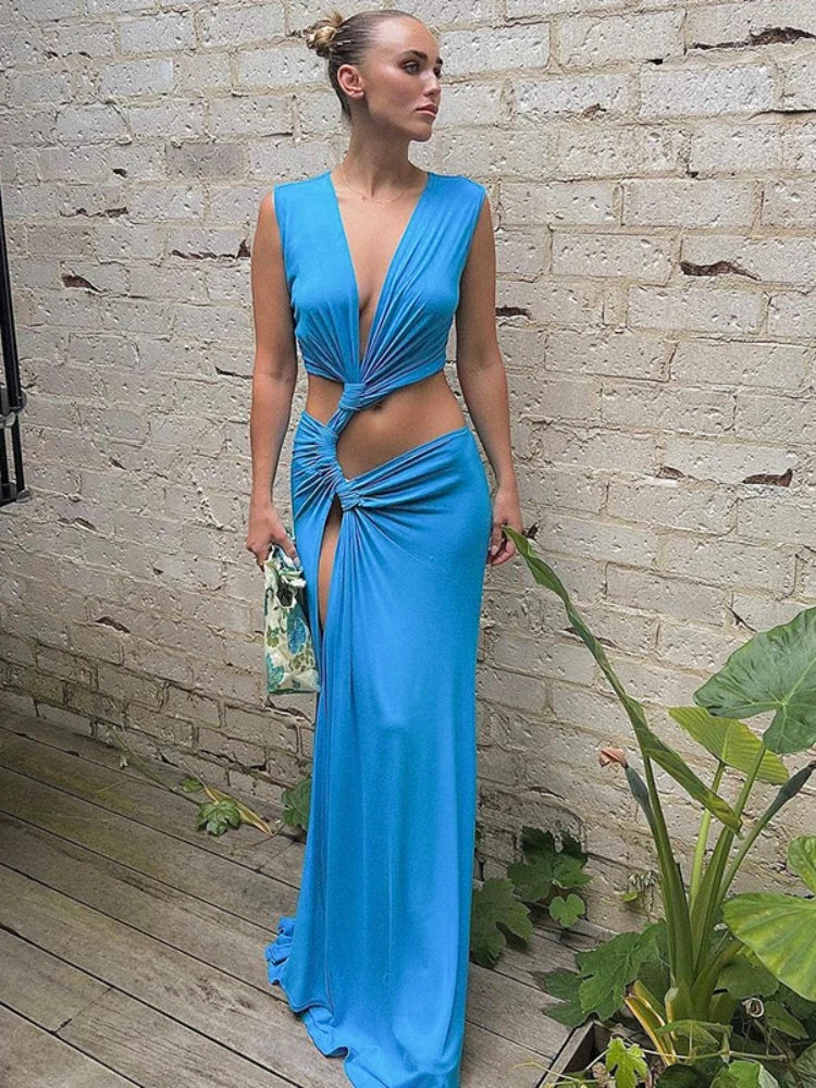 Deep V Cut Out Slit Asymmetrical Long Dress