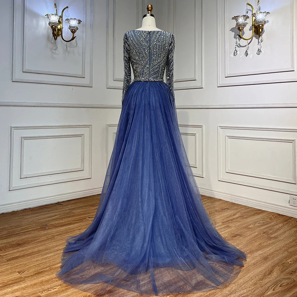 Blue Mermaid Beaded Long Sleeves Evening Gown