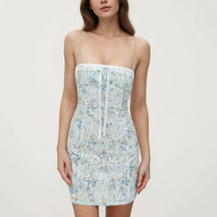 Flower Print Lace Bow Slash Collar Mini Dress