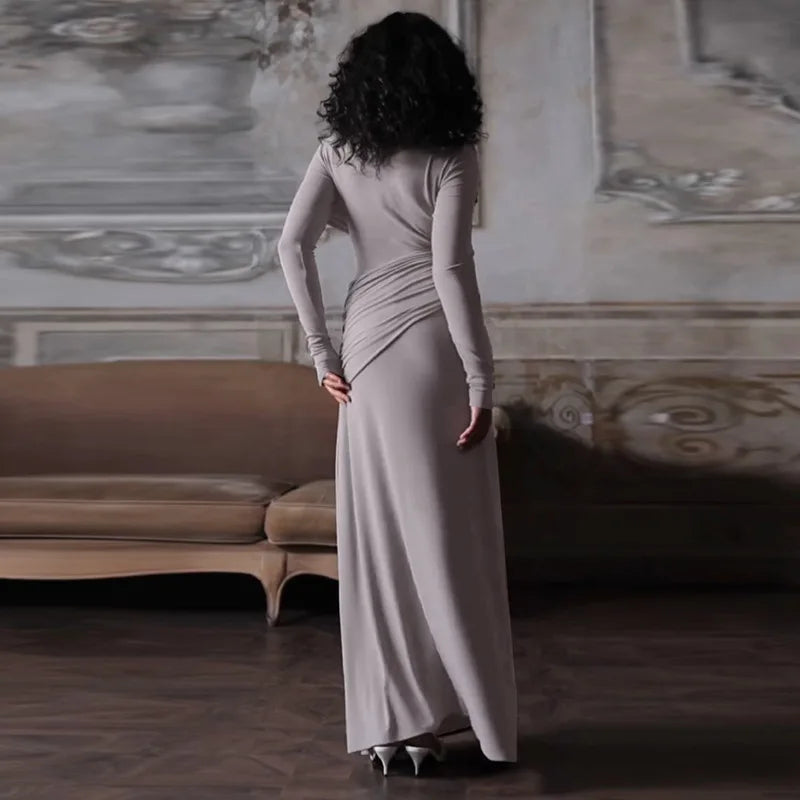 Solid Long Sleeve Irregular Splice Long Dress
