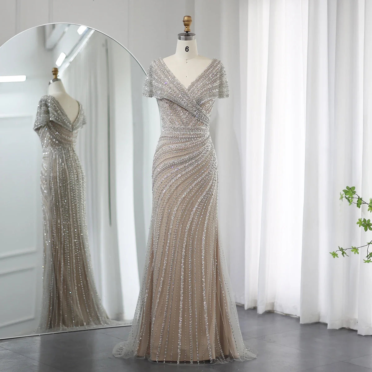 Silver Mermaid Evening Dress with Cap Sleeves