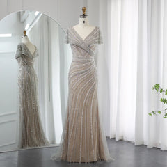 Silver Mermaid Evening Dress with Cap Sleeves