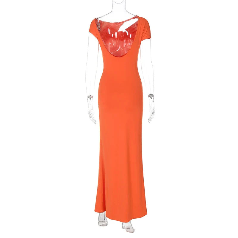 Hollow Out Metal Buckle Solid Short Sleeve Long Dress