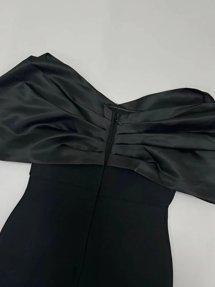 Off Shoulder Black Pleated Sleeves Crystal Dress