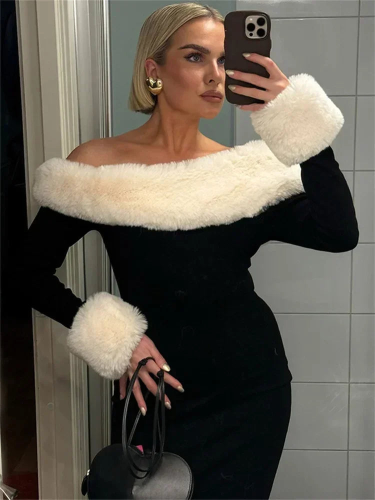 Fluffy Long Sleeve Off-Shoulder Patchwork Dress
