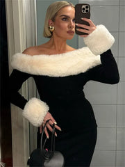 Fluffy Long Sleeve Off-Shoulder Patchwork Dress