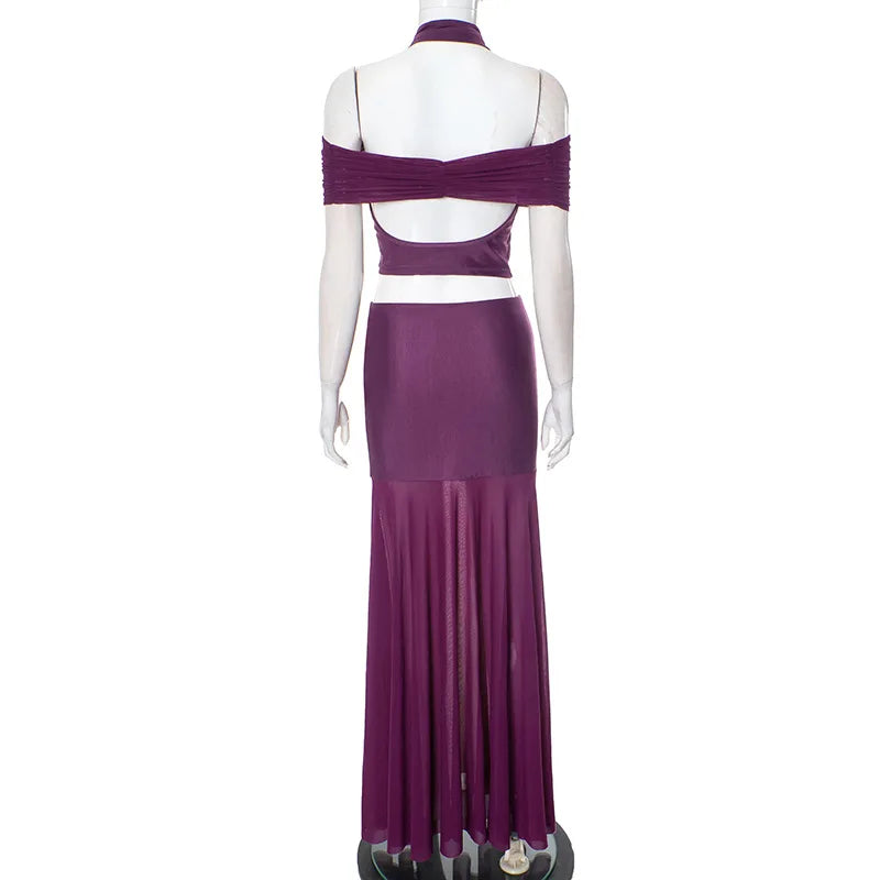 Purple Mesh Two-Piece Set with Sheer Halter Top and Long Skirt
