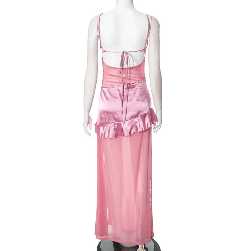 Pink Satin Patchwork Mesh Ruffle Slit Midi Dress