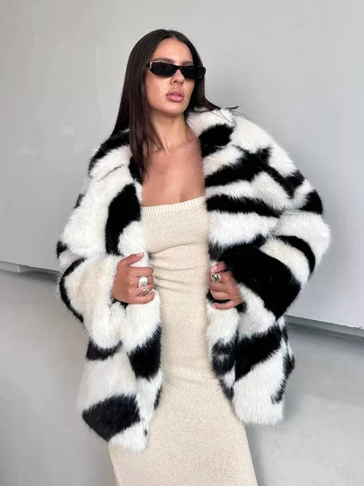 Large Lapel Pocket Zebra Print Thicken Fur Cardigan