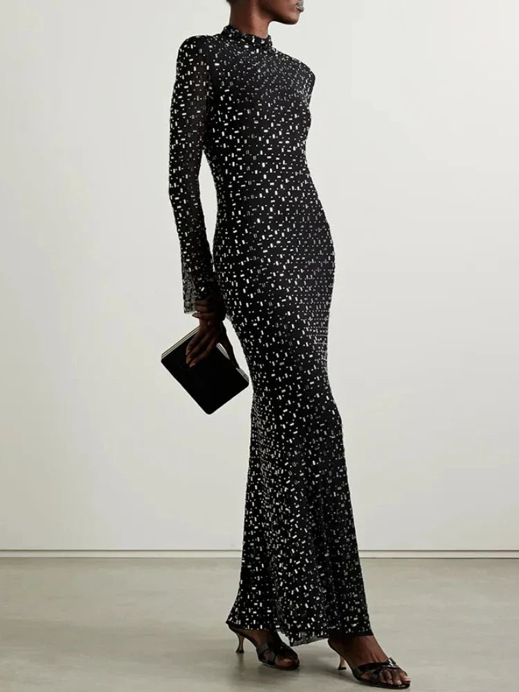 black long sleeve mesh diamond dress Turtleneck Long Sleeve Mesh Crystal Diamond Black Dress – AmiEmi