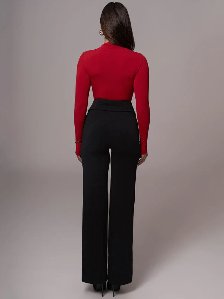 Metal Buckle Hollow Out Long Sleeve Bodysuit