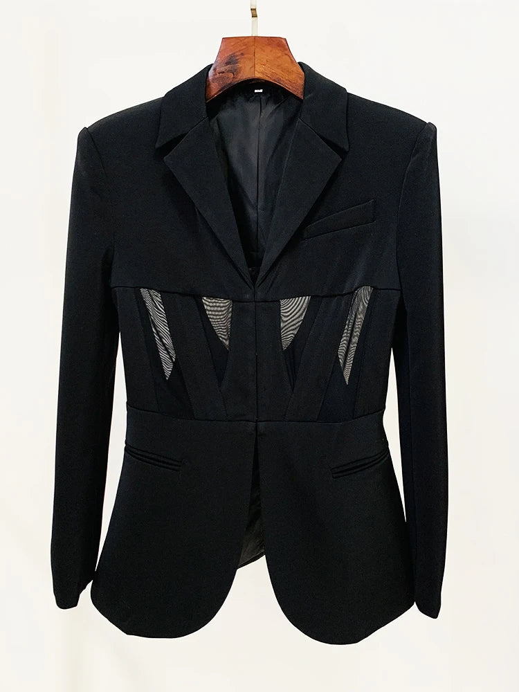 Perspective Gauze Patchwork Blazer Pencil Pant Suit