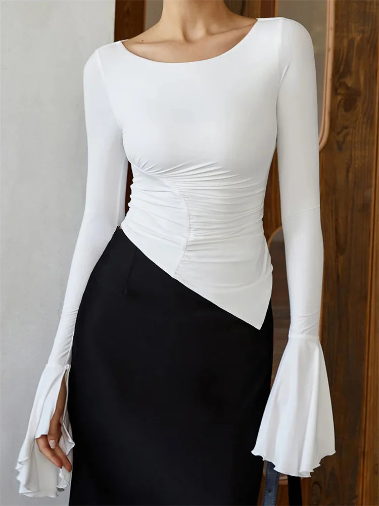 White Pleated Ruffled Long Sleeve Top