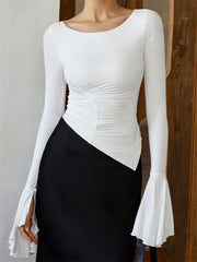 White Pleated Ruffled Long Sleeve Top