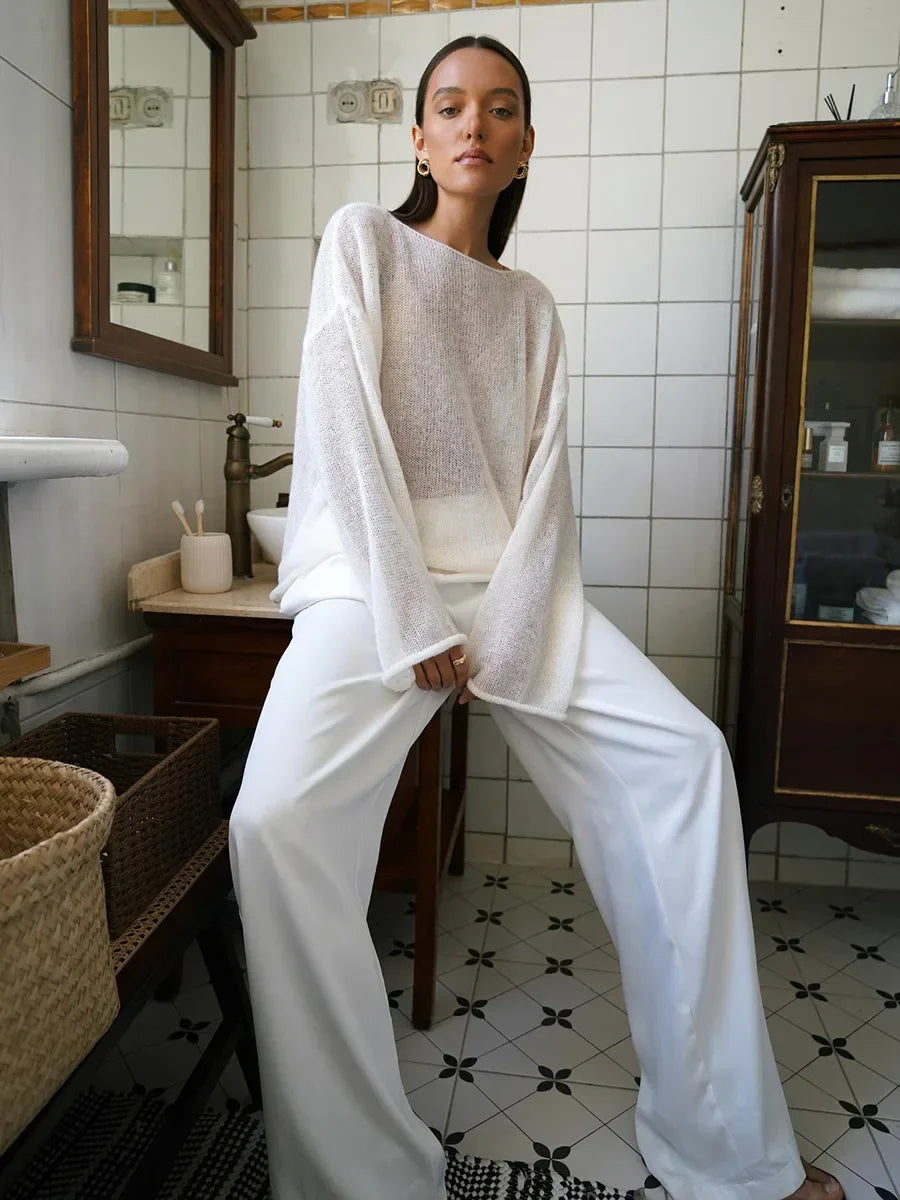 Hollow Solid See-through Long Sleeve Knitted Top
