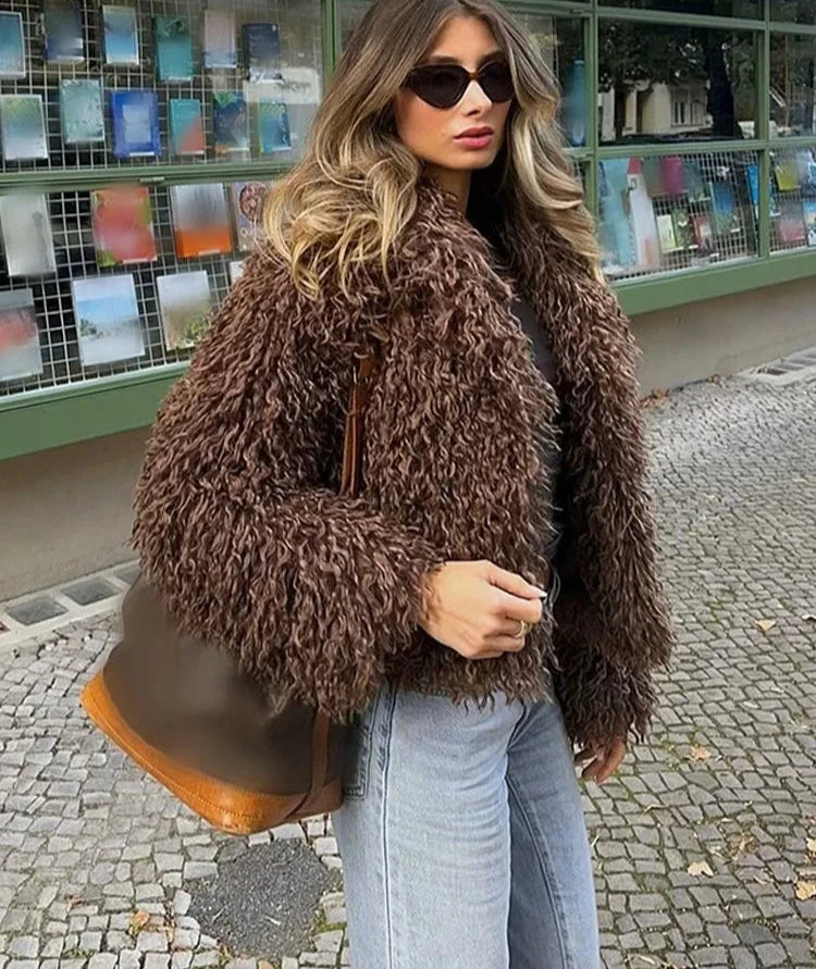 Turn Down Collar Faux Fur Coat