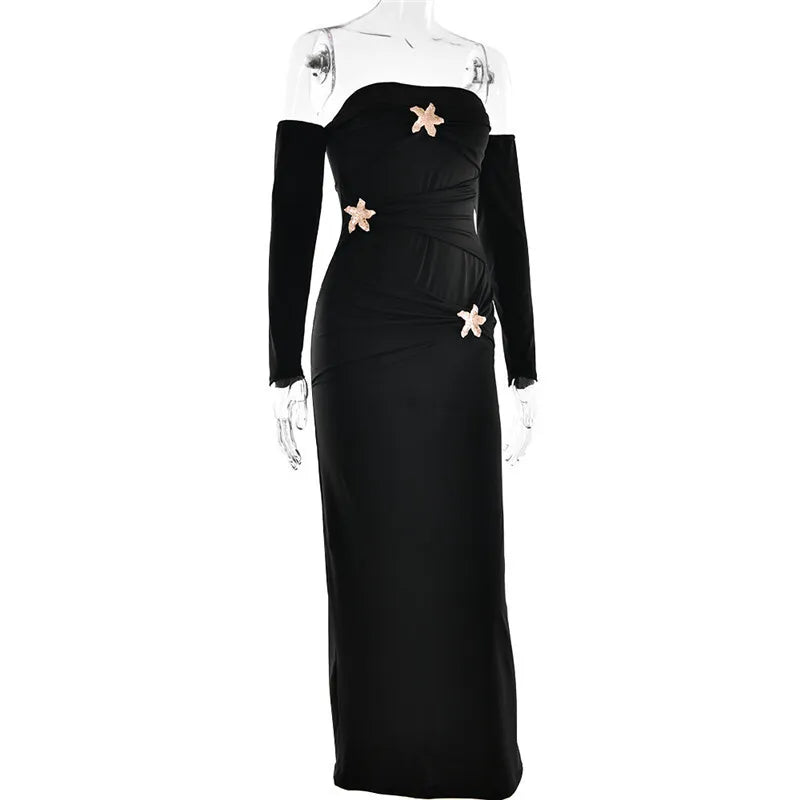 Metal Buckle Off-shoulder Backless Long Dress