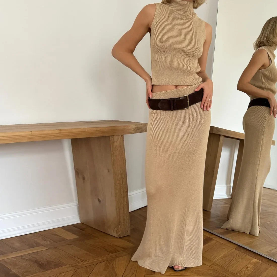 Solid Knit Sleeveless Top Long Skirt Set