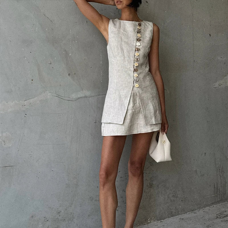 Sleeveless Front Buttoned Top and Mini Skirt Set