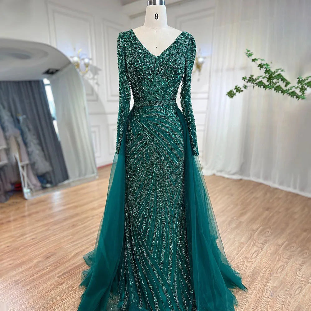 Blue Mermaid Beaded Long Sleeves Evening Gown