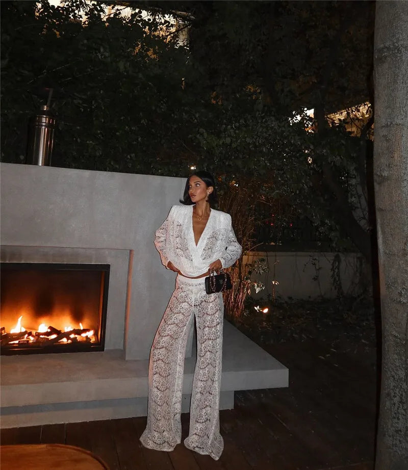 White Lace Two-Piece Loose Trouser Set
