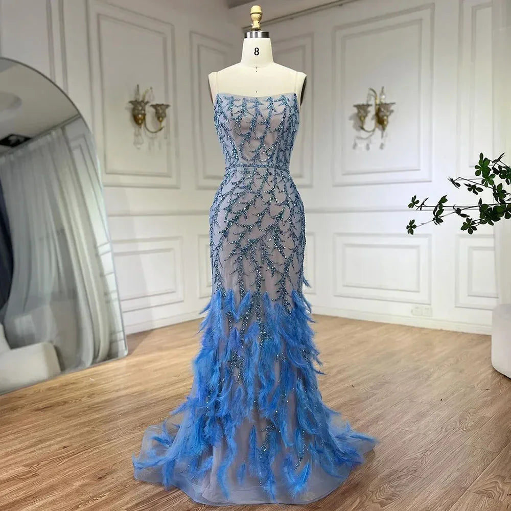 Spaghetti Strap Mermaid Feathers Beaded Prom Dress