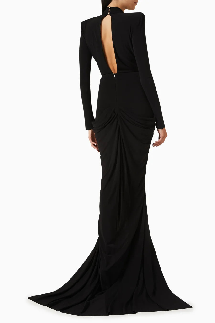 Deep V Neck Long Sleeves Black Maxi Dress  Party Gown