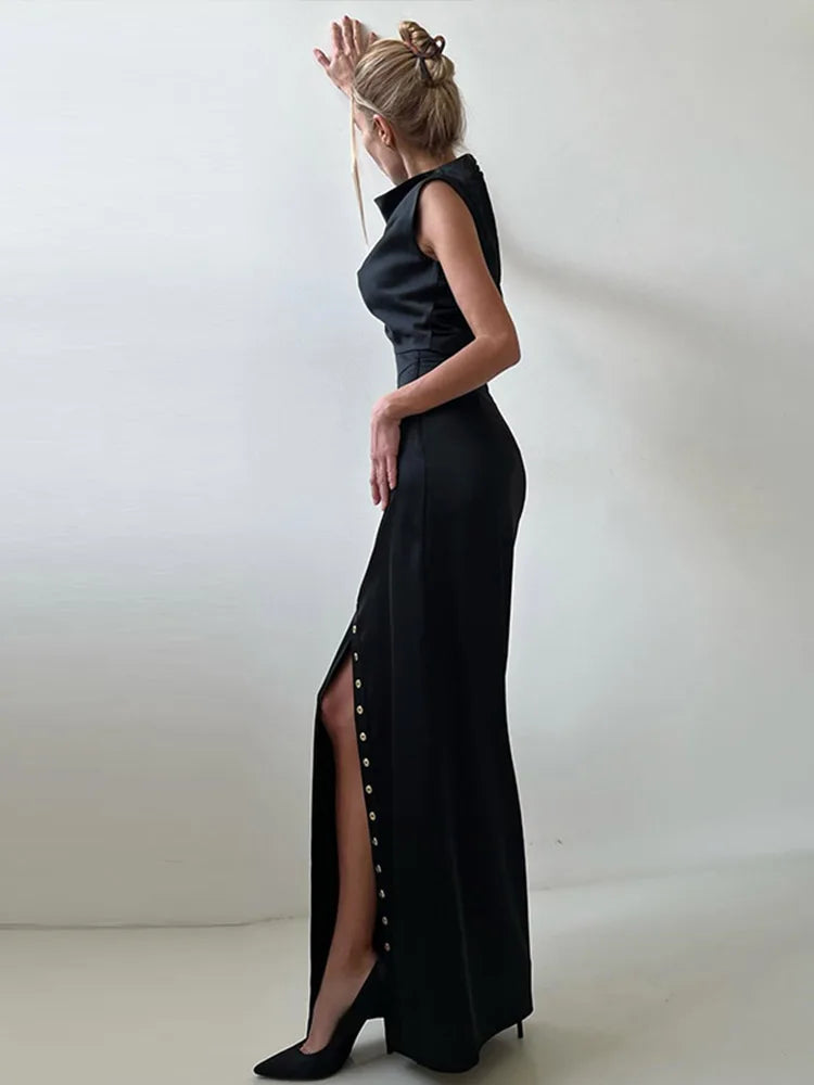 Sleeveless Top Suit With Front Split Skirt