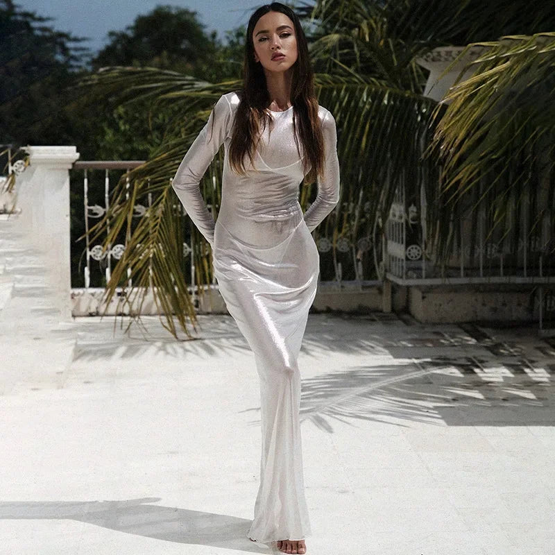 O-neck Full Sleeve Solid Color Mesh Dress