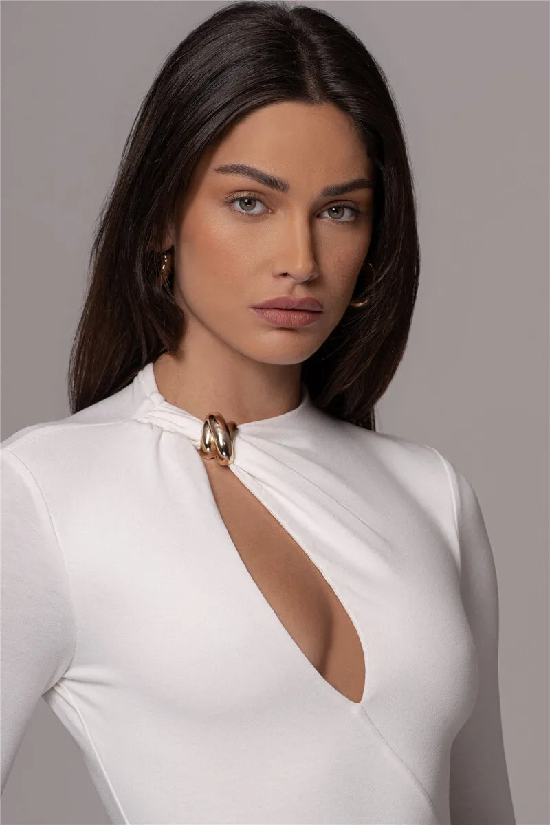 Metal Buckle Hollow Out Long Sleeve Bodysuit
