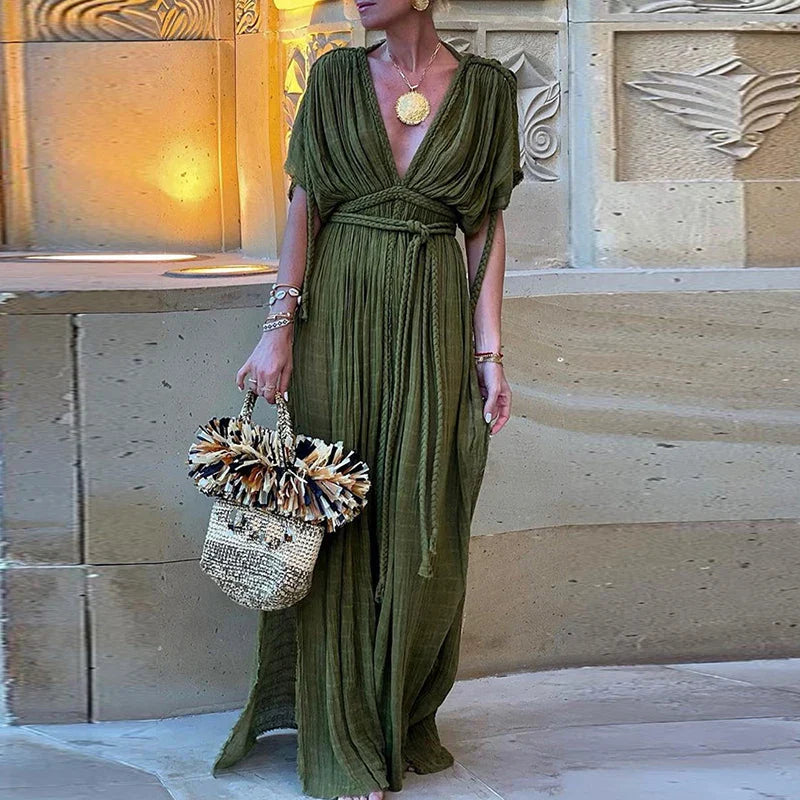 Solid Split Pleated Bandage Long Dress