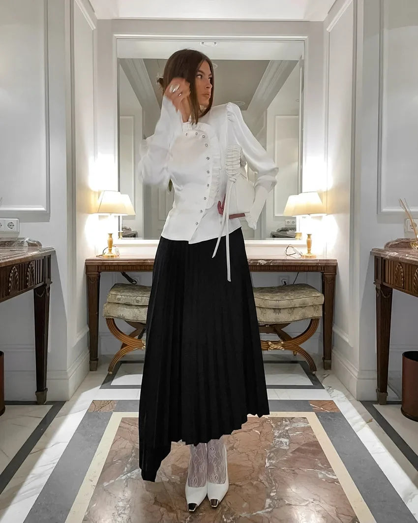 Women's White Ruffled Sleeve Cardigan Patchwork Blouse
