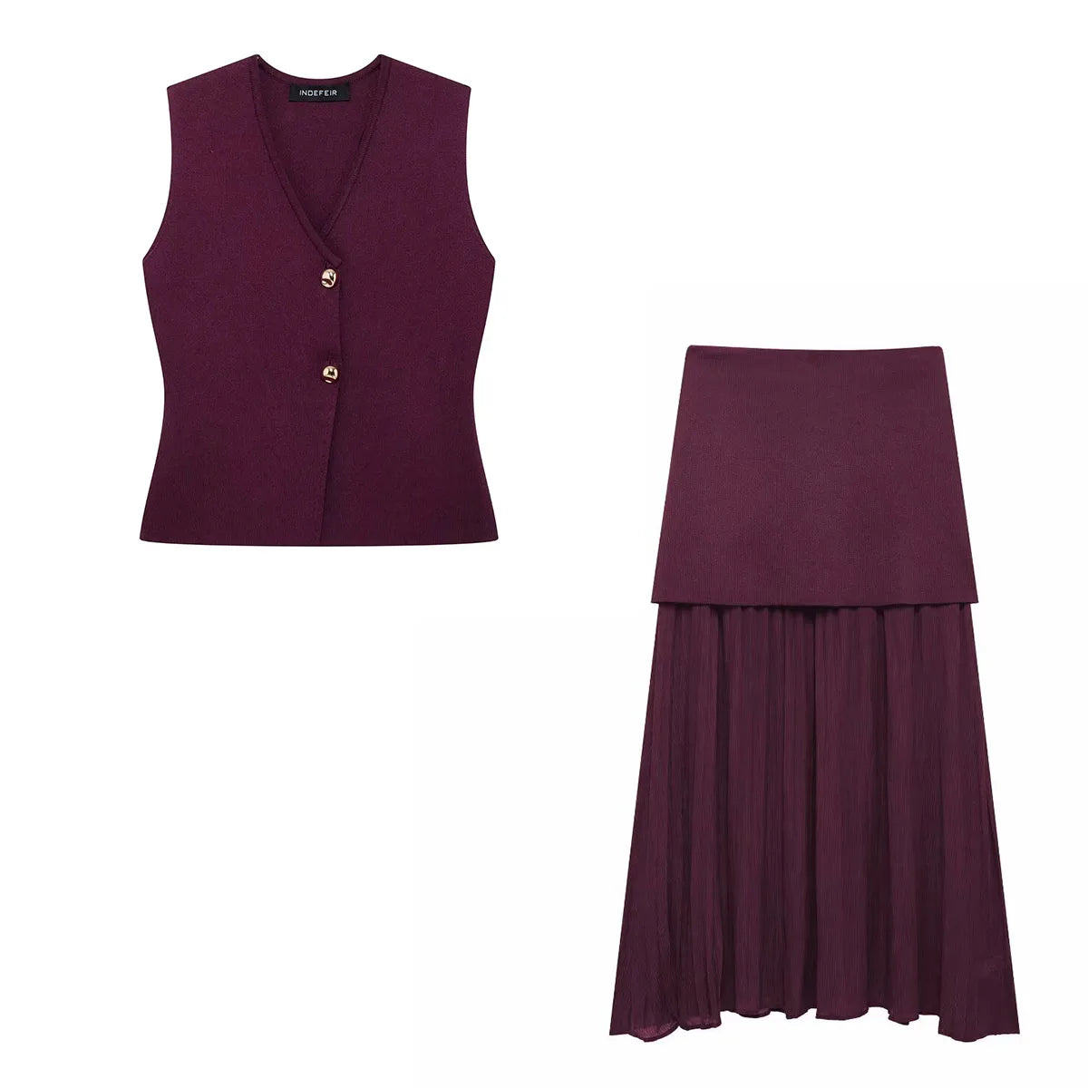 Button Knit Top Side Zipper Skirt Suit