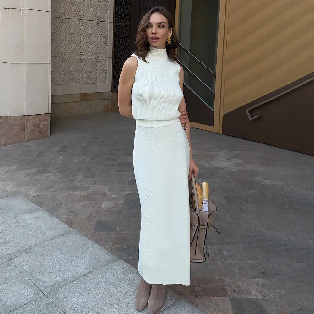 Solid Knit Sleeveless Top Long Skirt Set