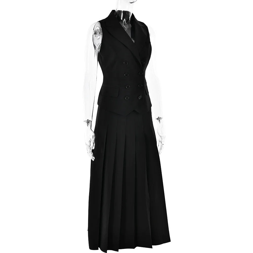 Notched Collar Pleated Skirt Suit Two Piece Sets