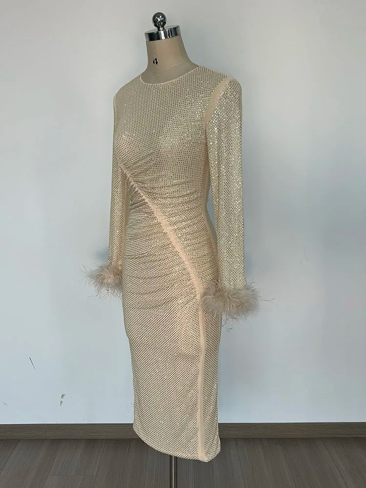 Feathers Rhinestone Folds Midi Dress
