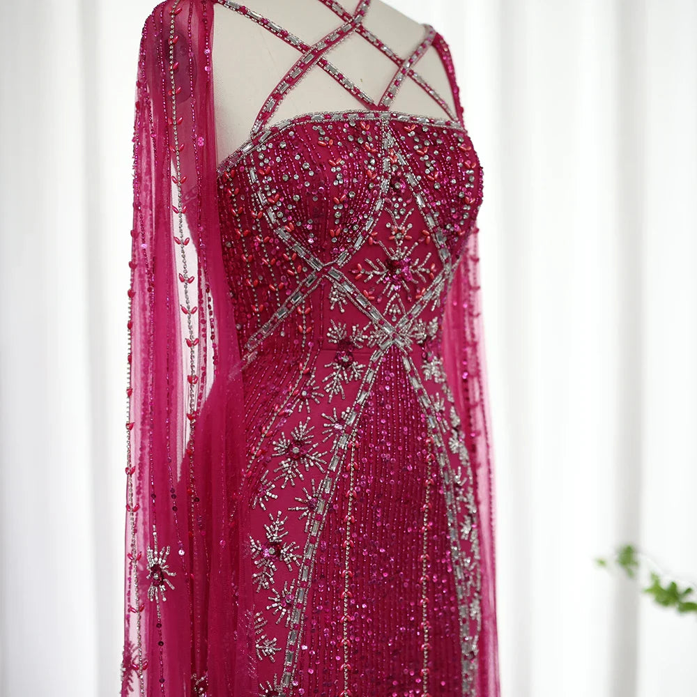 Aqua Mermaid Evening Gown with Cape Sleeves