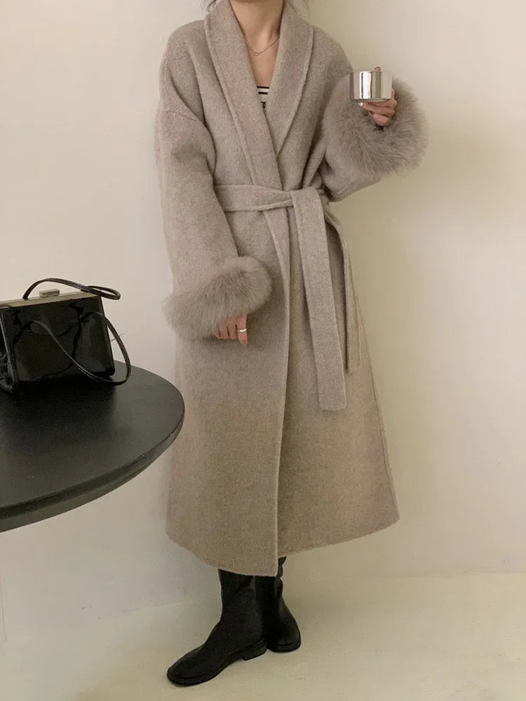 Lace-Up Fur Fluffy Lapel Long Sleeve Overcoat