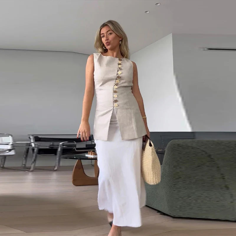 Sleeveless Front Buttoned Top and Mini Skirt Set