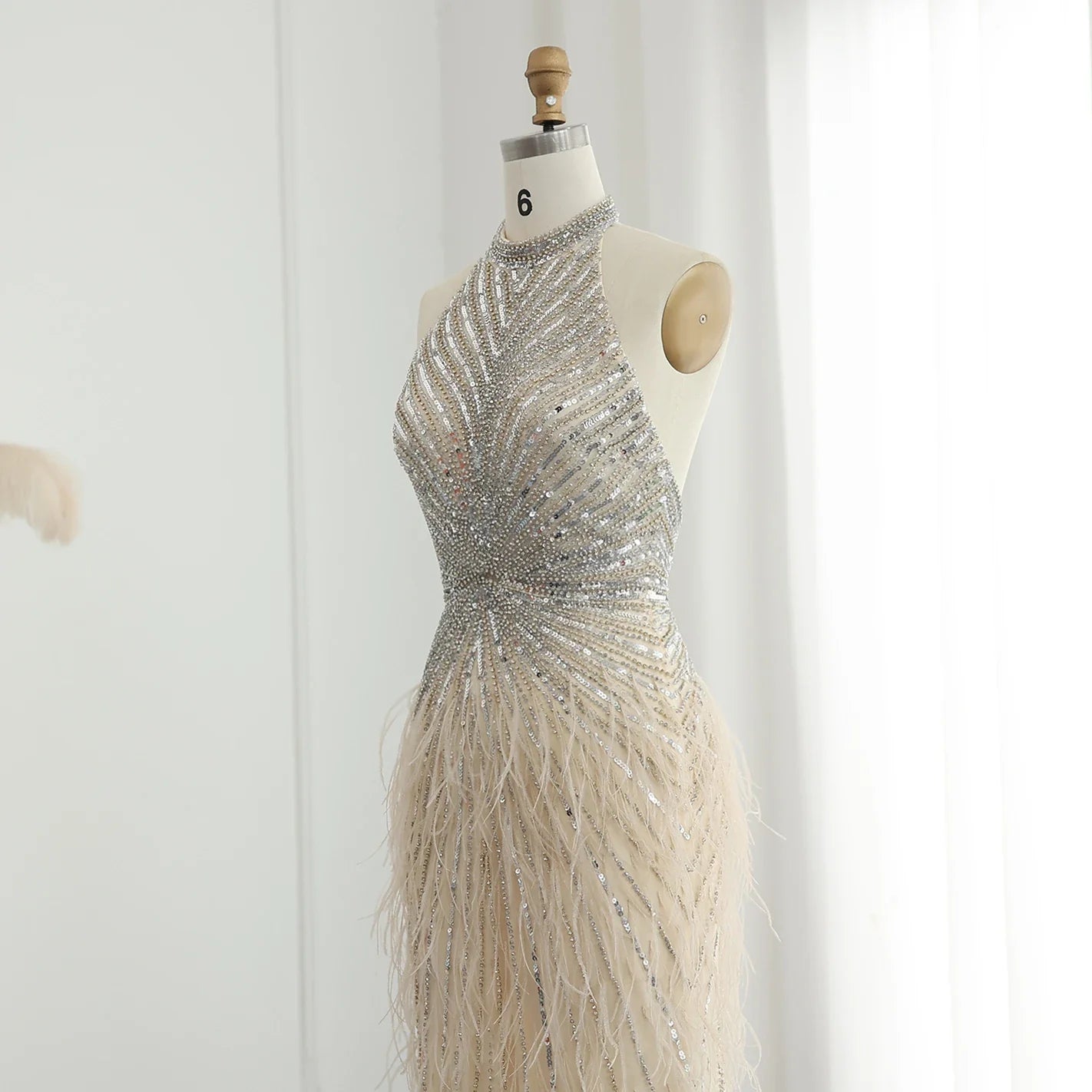 Beaded Feathers Mermaid Halter Backless Gown