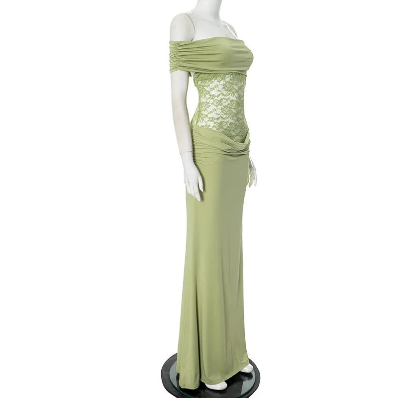 Off-shoulder Strapless Green Lace Sheer Long Dress