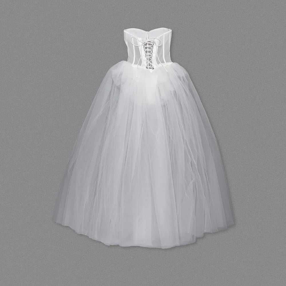 Strapless Mesh White A Line Maxi Long Dress