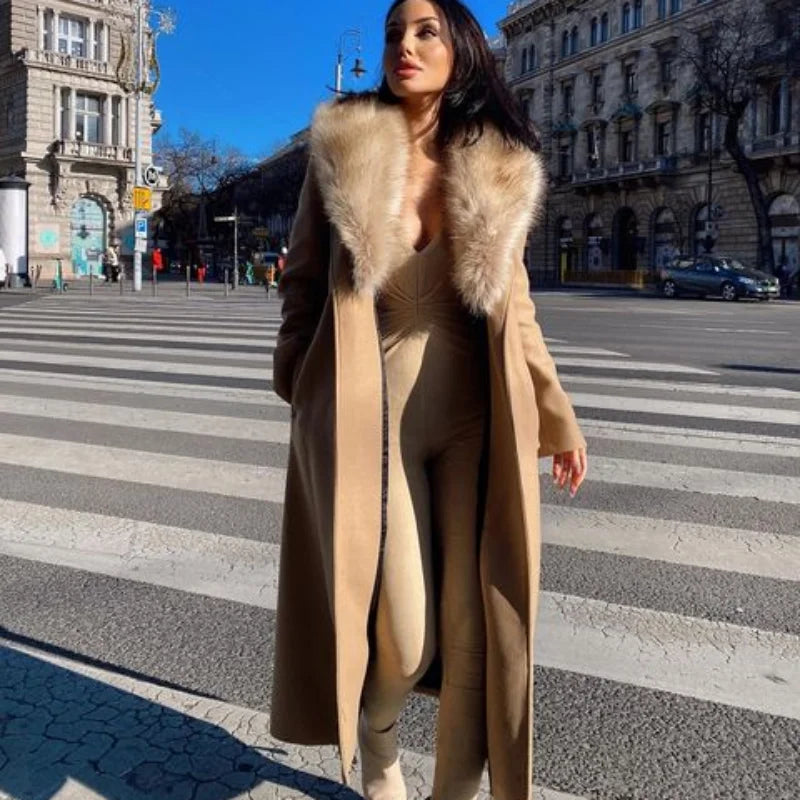 Wool Lace-Up Fur Lapel Thick Over Coat