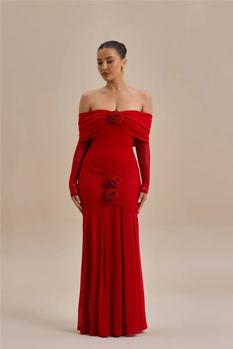 Off-shoulder Strapless Rose Long Sleeve Dress